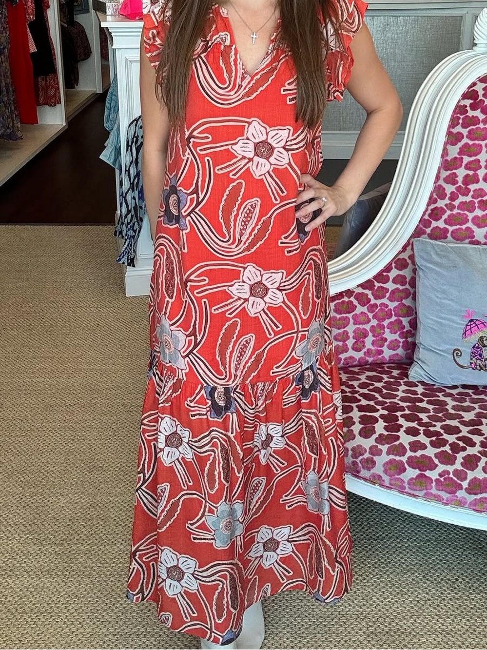 Joy Joy Red Floral Midi Dress with Blue and White Accents